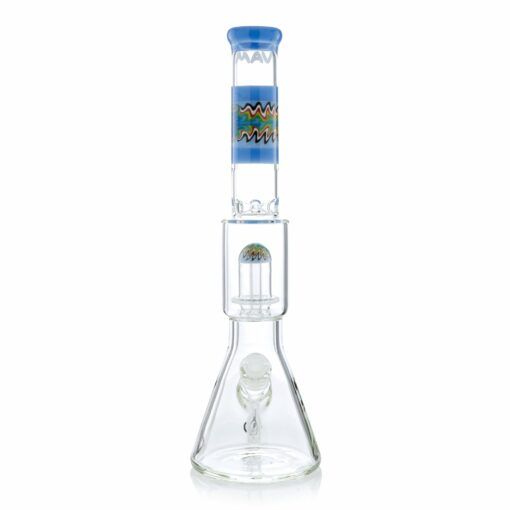 The Wig Wag Reversal UFO Wide Beaker is a clear glass bong with blue accents and bold Wig Wag zigzag patterns on the neck and percolator, shown upright against a white background.