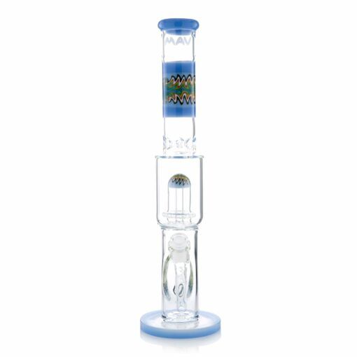 The Wig Wag Reversal UFO Straight is a clear glass water pipe with blue accents, colorful swirling Wig Wag patterns on the neck, intricate internal percolators, and stands upright on a flat blue base.