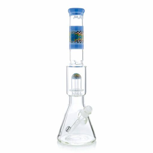 The Wig Wag Reversal UFO Wide Beaker features a clear, wide beaker base, blue-accented mouthpiece, vibrant Wig Wag neck pattern, a UFO percolator chamber, and includes a removable downstem and bowl.