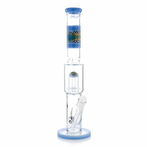 The Wig Wag Reversal UFO Straight is a clear glass bong with light blue accents on the mouthpiece, base, and middle, featuring a decorative zigzag Wig Wag design and a built-in percolator.
