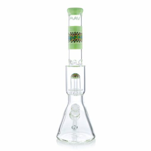 The Wig Wag Reversal UFO Wide Beaker is a clear glass bong with green accents, striking Wig Wag zigzag patterns, a Reversal UFO percolator in the neck, and a wide stable base, displayed on a white background.