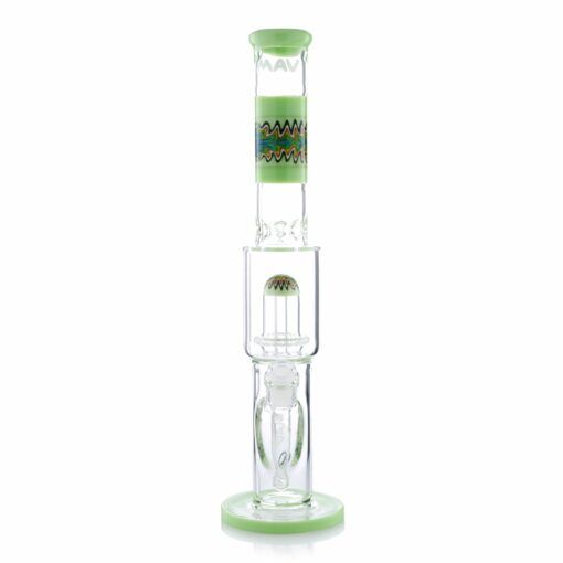 The Wig Wag Reversal UFO Straight is a clear glass water pipe with green accents, vibrant Wig Wag swirl patterns near the top, a cylindrical design, and a central percolator.