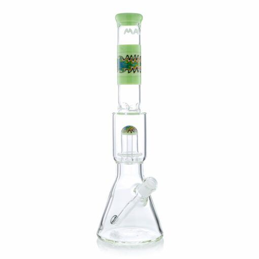 The Wig Wag Reversal UFO Wide Beaker features a clear, wide beaker design with a vibrant wig wag neck, a reversal UFO percolator chamber, and a removable downstem at the base.