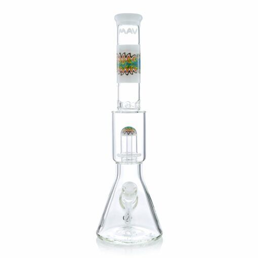 The Wig Wag Reversal UFO Wide Beaker is a clear glass water pipe with a wide beaker base, vibrant Wig Wag patterns on the neck, and a colorful Reversal UFO percolator section.