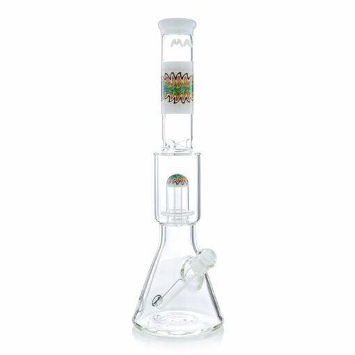 The Wig Wag Reversal UFO Wide Beaker is a clear bong with vibrant Wig Wag Reversal patterns on the neck and percolator, and features a convenient side-mounted bowl.