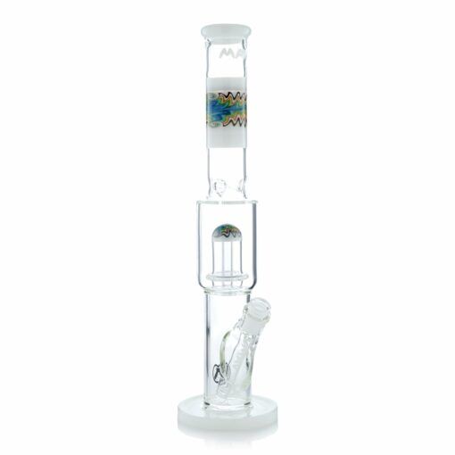 The Wig Wag Reversal UFO Straight is a clear glass water pipe with vibrant Wig Wag patterns on the upper and mid sections, featuring a cylindrical shape, percolator, angled mouthpiece, and upright round base.