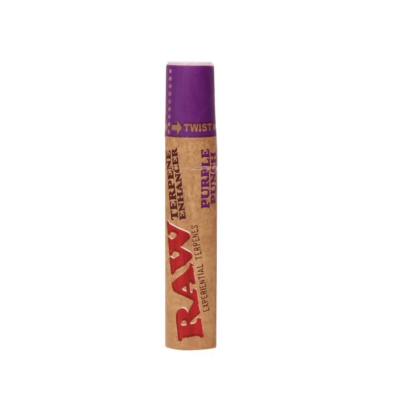The RAW Purple Terp Enhancer features a brown cylindrical body, a purple cap marked "TWIST," and a label reading "EXPERIMENTAL TERPENES" with "PURPLE PUNCH" near the top.