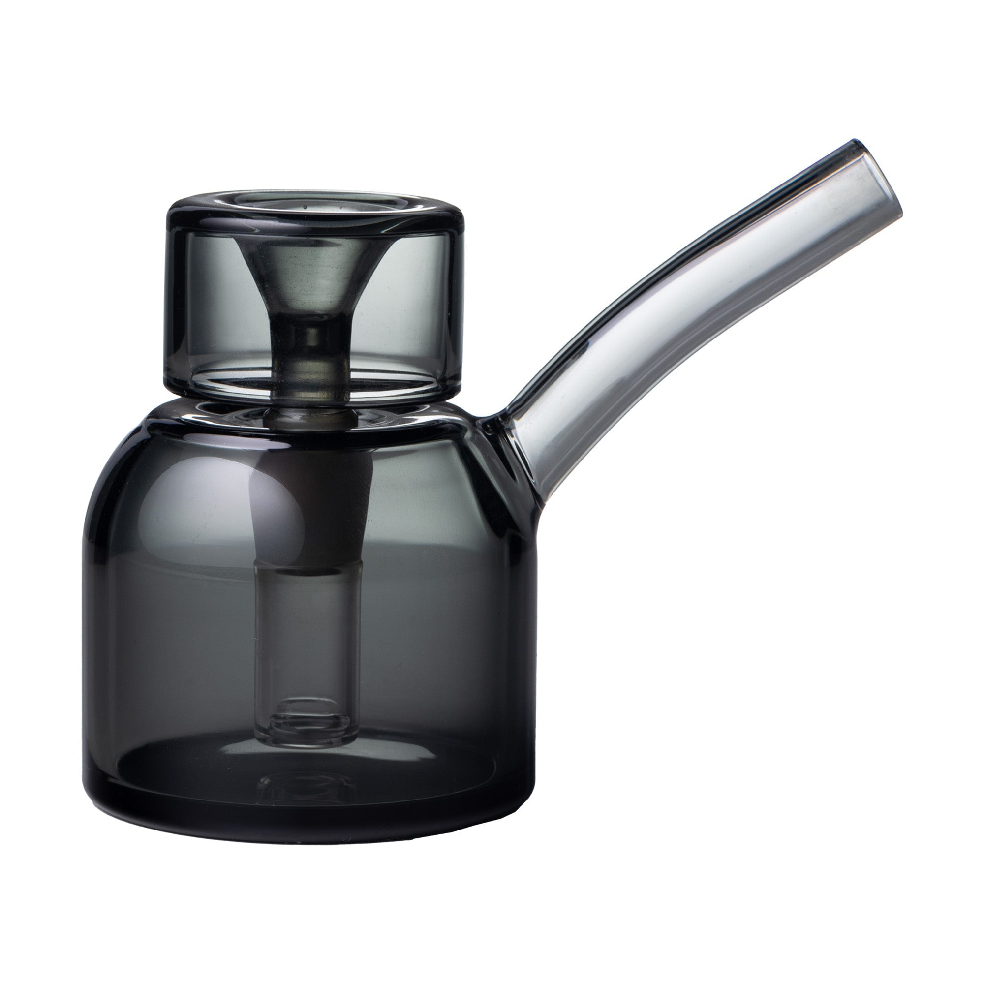 The NWTN Home Vesper Bubbler is a sleek, modern teapot with a short spout, cylindrical body, matching lid, and tinted smoky gray glass for a stylish, minimalist look.