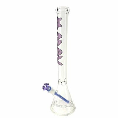 The 18" Classic Beaker Bong mav LUX slab features clear glass, a tall neck, a purple wavy design, and a blue bowl with small purple glass beads—making it an eye-catching piece for any MAV LUX collection.
