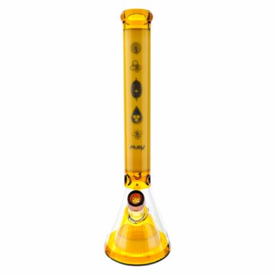 The Sweet Sacred Honey Bee MAV Glass Pyramid Laser Beaker Bong features transparent amber glass, a straight tube with black bee, honeycomb, beehive, and raindrop symbols arranged vertically, and a circular base.