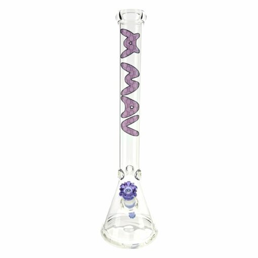 The 18" Classic Beaker Bong mav LUX slab features clear glass with "MAV" in bold, purple, cartoon letters on the neck and a matching purple bowl at the base—showcasing classic MAV LUX style.