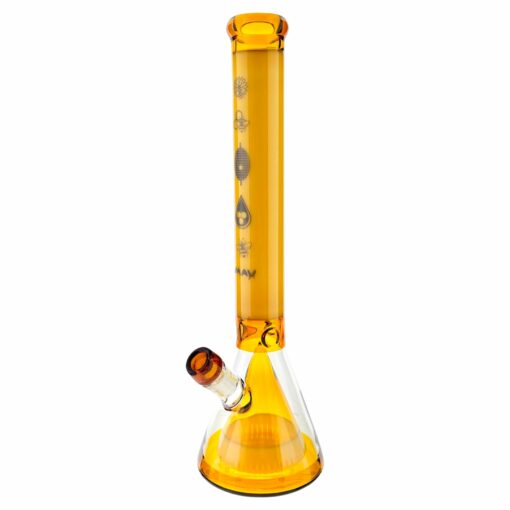 The Sweet Sacred Honey Bee MAV Glass Pyramid Laser Beaker Bong is a transparent amber bong with a beaker base, straight tube, angled side bowl, and decorative markings on the neck.