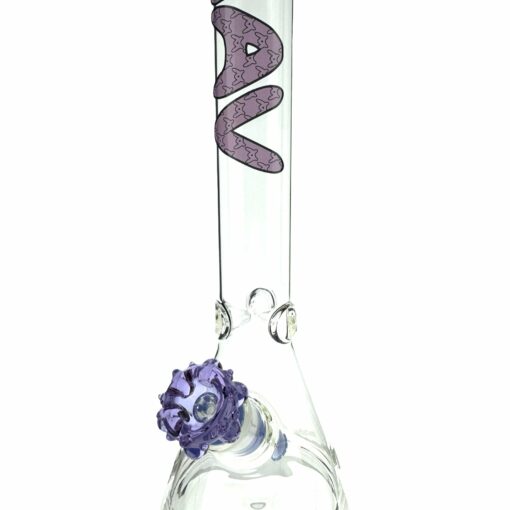 The 18" Classic Beaker Bong mav LUX slab features clear glass, a wide base, a decorative purple element on the bowl, and a stylized purple M on the neck for iconic mav LUX style.