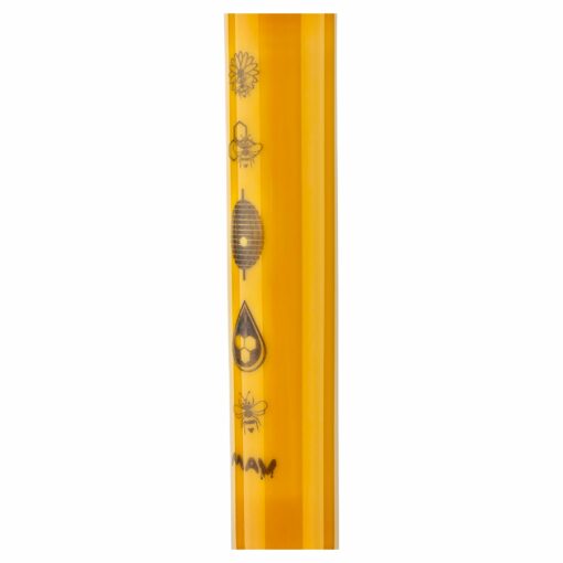 The Sweet Sacred Honey Bee MAV Glass Pyramid Laser Beaker Bong is a yellow transparent piece with black floral, bee, beehive, and honey drop illustrations vertically arranged along its body.