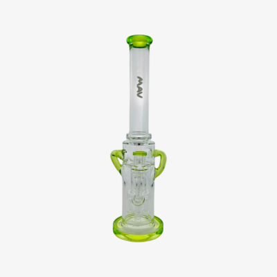 The Quad Love Long Neck Double Intake Incycler is a clear glass water pipe with green accents on the base, handles, and mouthpiece. It features a central percolator and the MAV logo on its long neck, shown against a white background.