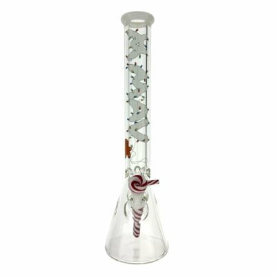 The Christmas Mean Gingerbread Man 18” 9MM Beaker Bong features a clear beaker-shaped base, tall straight neck, festive red and white swirls on the downstem, and a fun gingerbread man design with a white top—perfect for holiday vibes.