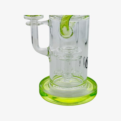 The Quad Love Long Neck Double Intake Incycler is a clear glass water pipe with vivid green accents on its base and mouthpiece, showcasing complex internal chambers and percolators, photographed against a white background.