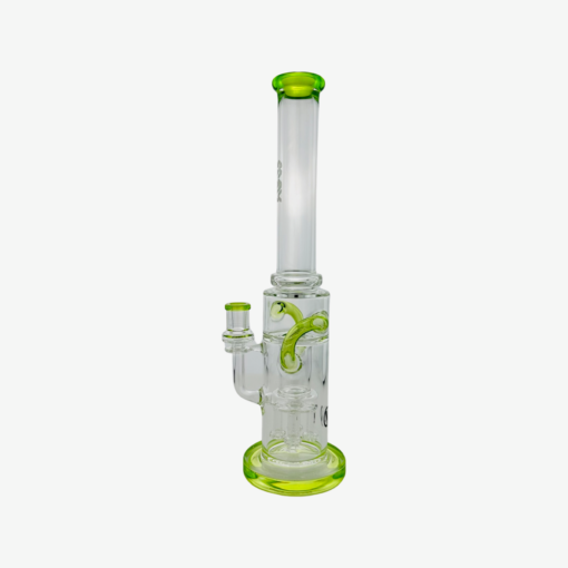 The Quad Love Long Neck Double Intake Incycler is a clear glass water pipe with light green accents on the mouthpiece, base, and bowl. It features a cylindrical chamber and an intricate double intake incycler design.
