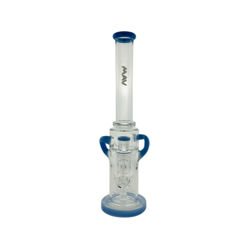 The Quad Love Long Neck Double Intake Incycler is a clear glass water pipe with blue accents on the mouthpiece, handles, and base, featuring the MAV logo on the neck and an intricate Double Intake Incycler design inside.