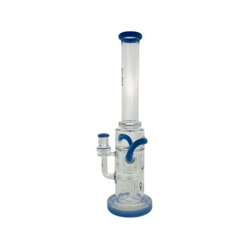 The Quad Love Long Neck Double Intake Incycler is a clear glass water pipe with blue accents on the mouthpiece, base, and joint, featuring multiple chambers and percolators. Displayed against a plain white background.