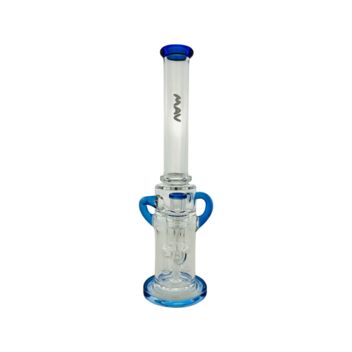 The Quad Love Long Neck Double Intake Incycler is a clear glass bong with blue accents on the base, handles, and mouthpiece. It features a cylindrical long neck, central chamber, and an etched wavy design on the neck.