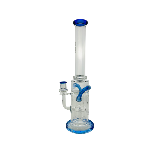 The Quad Love Long Neck Double Intake Incycler is a clear glass water pipe with blue accents, featuring a cylindrical chamber, side percolator attachment, and a Double Intake Incycler design for enhanced filtration.