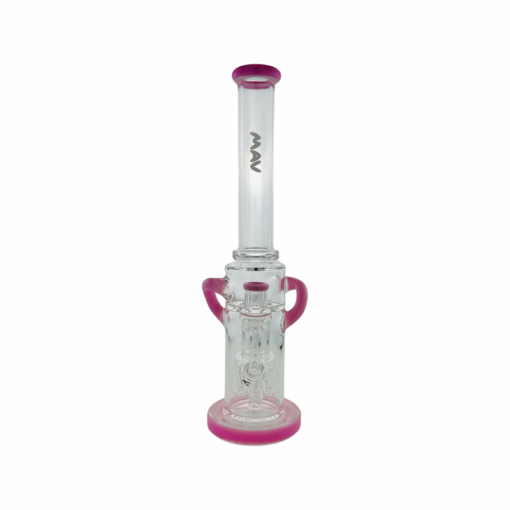 The Quad Love Long Neck Double Intake Incycler is a clear glass water pipe with pink accents on the base, mouthpiece, and side handles. It features a central percolator and has MAV branding on the neck.
