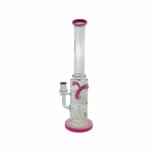 The Quad Love Long Neck Double Intake Incycler is a clear glass water pipe with pink accents on the mouthpiece, base, and bowl joint. It features a cylindrical chamber and side handle, shown against a white background.