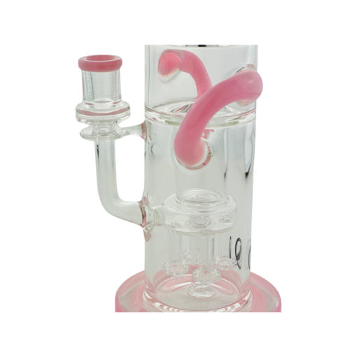 A close-up of the Quad Love Long Neck Double Intake Incycler, a glass water pipe with pink accents, cylindrical chamber, curved pink tubes, and sturdy pink base—highlighting its elegant incycler design for smoking.