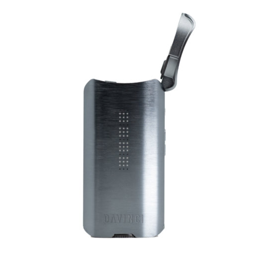 The DAVINCI IQ3 Vaporizer is a sleek portable device with a flip-up mouthpiece, LED indicators on the front, and "DAVINCI" engraved at the bottom, all in a modern brushed metal finish.