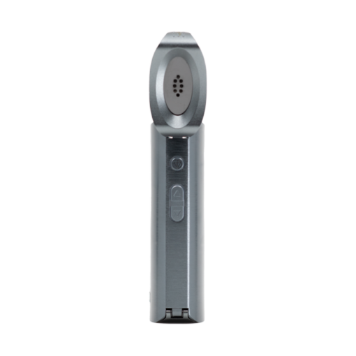 A metallic, cylindrical DAVINCI IQ3 Vaporizer with a rounded top featuring a small oval opening and tiny holes. The front displays a button and switch, all shown against a plain white background.