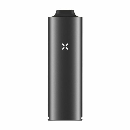 A black, rectangular Pax Four Vaporizer with rounded edges and an X-shaped LED indicator on the front is displayed against a white background.
