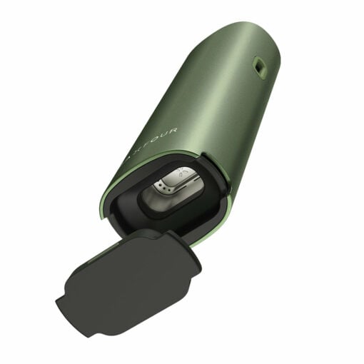 A green Pax Four Vaporizer with a sleek design and partially open lid exposing its metallic interior compartment, shown against a white background.