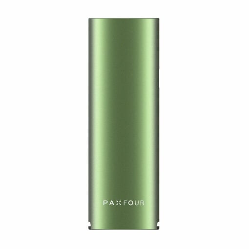 A sleek, rectangular green Pax Four Vaporizer with rounded edges, featuring "PAX FOUR" in white near the bottom, stands upright against a white background.