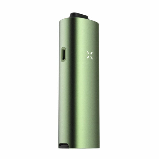 The Pax Four Vaporizer features a sleek metallic green finish, minimalist design, small black mouthpiece on top, and a subtle front vent pattern.