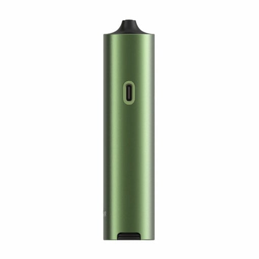 The Pax Four Vaporizer is a sleek, green, cylindrical device featuring a black mouthpiece on top and a front central button or charging port, displayed against a white background.