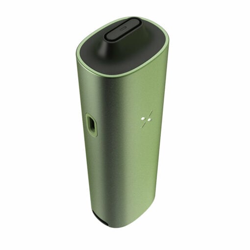 The Pax Four Vaporizer features a sleek metallic green design, black mouthpiece, single side button, and an X-shaped LED indicator on the front.