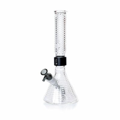 The Jane West x Prism Bong - Clear features a beaker shape, textured surface, straight neck, and a black band around the joint. It includes a removable bowl and downstem near the base, all in Jane West’s signature style.