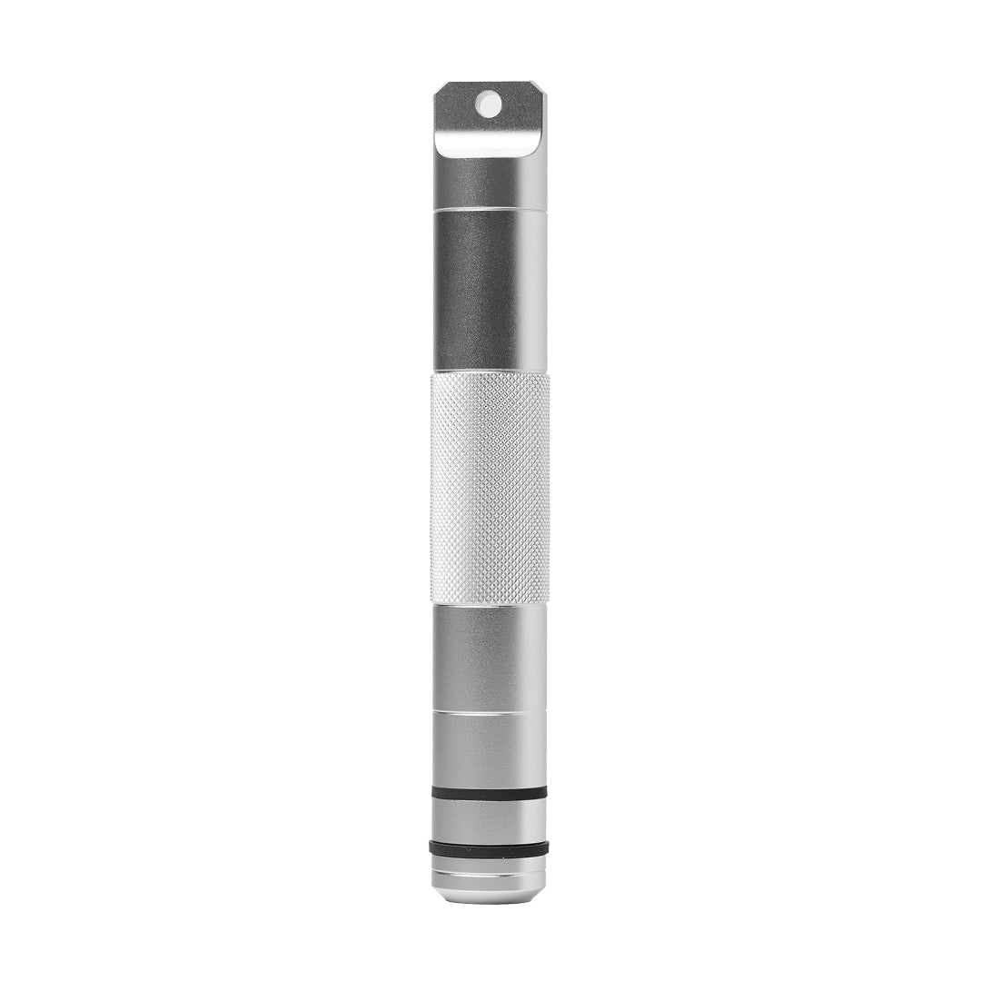 The Mj Arsenal Phoenix Baton, a silver cylindrical metal tool with a knurled center grip and hole at the top, stands upright against a white background.