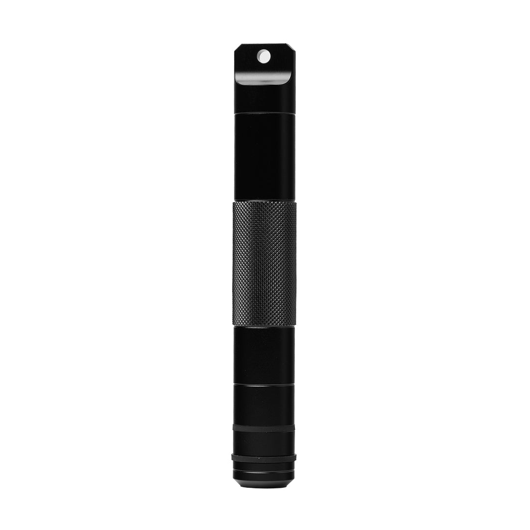 The Mj Arsenal Phoenix Baton, a black metal cylindrical smoking accessory with a textured center grip, flat top attachment hole, and ridged base, is shown standing vertically on a white background.
