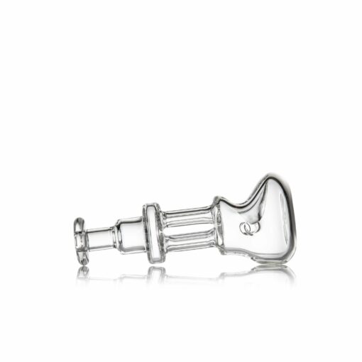 The MJ Arsenal Tetra is a clear glass pipe with a curved bowl and flat mouthpiece, displayed on a white background—ideal for those who love sleek dab rig designs.