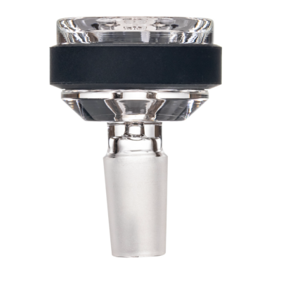 The MJ Arsenal Nexus Flower Bowl is a clear glass accessory with a black middle band and frosted tapered bottom, often used as a connector or adapter for glassware.