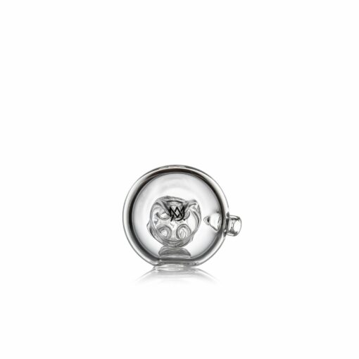 The MJ Arsenal Tetra glass cup, viewed from above, showcases a sculpted owl design on the bottom. With a minimalist style, it features a small handle on one side and is set against a plain white background.