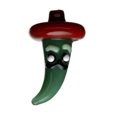 The Human Grade Chili Pepper Glass Carb Cap features a green glass body with a red hat, big white eyes, black mustache, and arched eyebrows for a fun, cartoonish look.