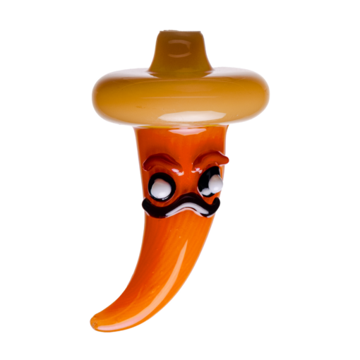 The Human Grade Chili Pepper Glass Carb Cap features detailed craftsmanship, expressive eyes, a mustache, and a yellow sombrero, all set against a white background.