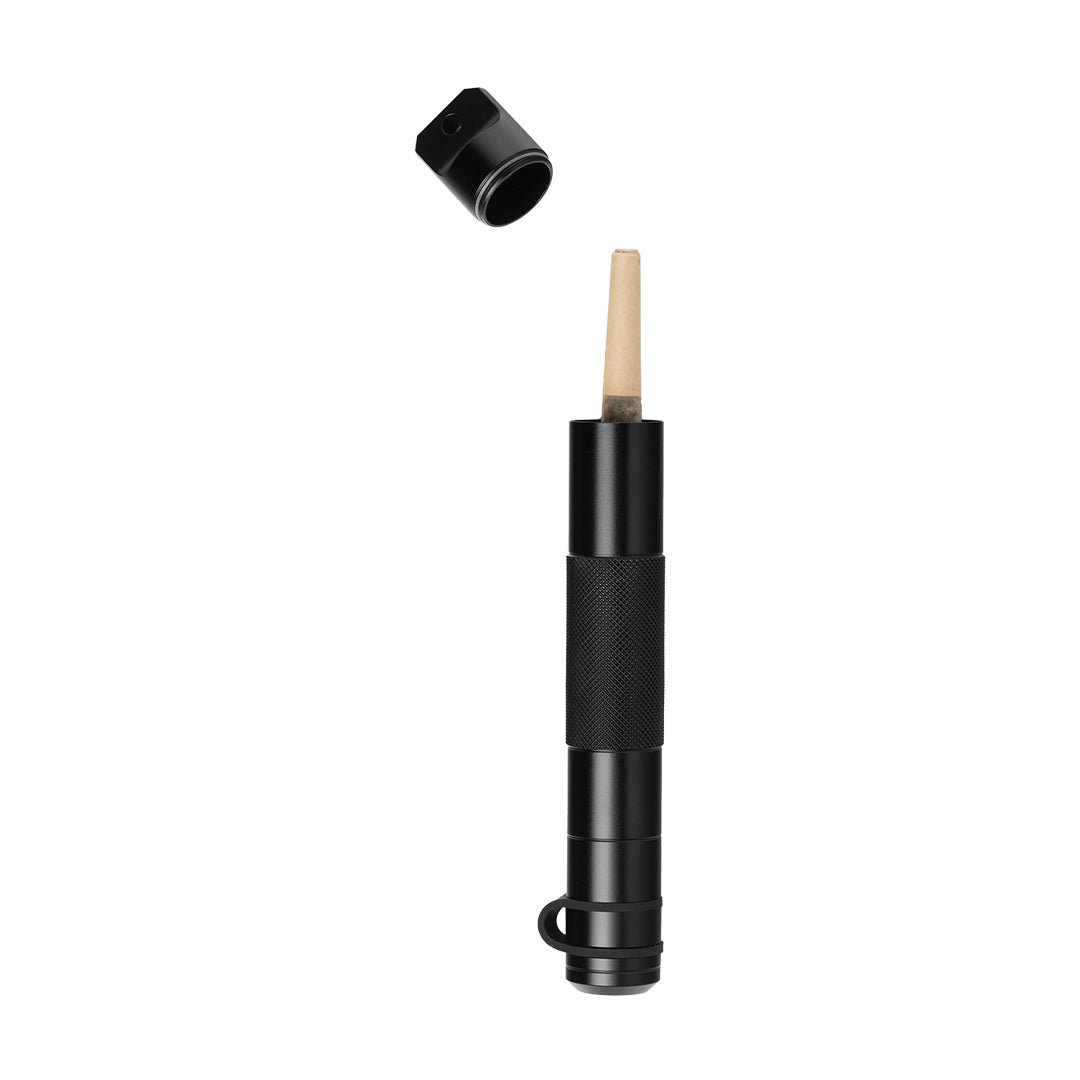 The Mj Arsenal Phoenix Baton is a compact black metal tool with a textured grip, beige pointed tip, removable cap (shown detached), and a small loop at the base for easy handling.