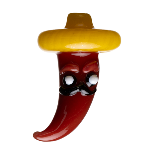 The Human Grade Chili Pepper Glass Carb Cap is shaped like a red chili pepper with a yellow sombrero, white eyes, and a black mustache, creating a playful cartoon character look.