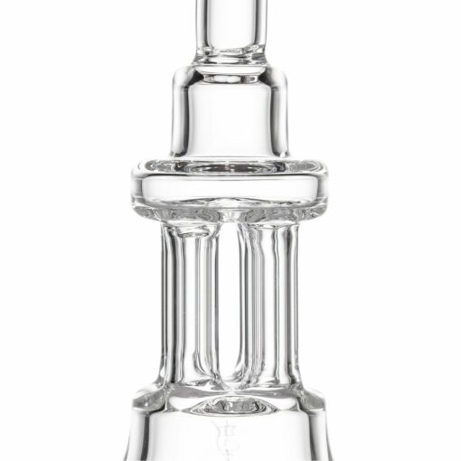 Close-up view of the MJ Arsenal Tetra, a clear glass piece with intricate designs, detailed curves, and cylindrical sections shown against a white background.
