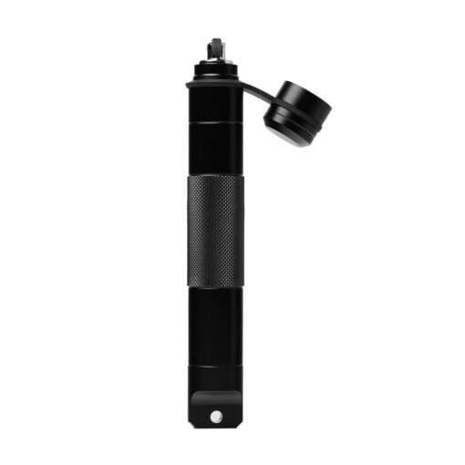 The Mj Arsenal Phoenix Baton, a compact black bicycle hand pump with a textured grip and removable cap, stands upright against a white background, featuring a sleek design reminiscent of its namesake.
