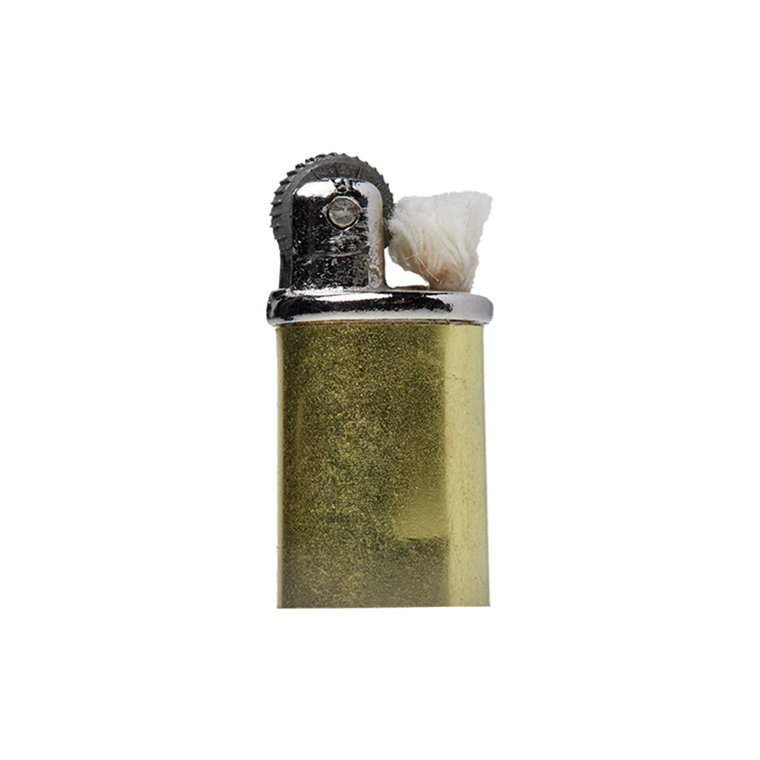 A close-up of the Mj Arsenal Phoenix Baton, a metal and yellow lighter featuring a flint wheel and white wick, isolated on a white background.